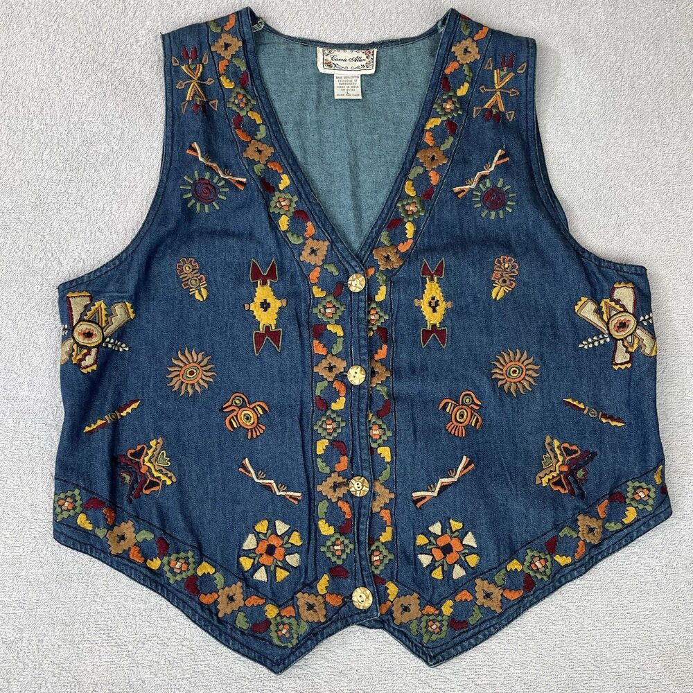 Carrie Allen Embroidered Western Vest Women's L Blue Denim  Boho Crochet Vtg